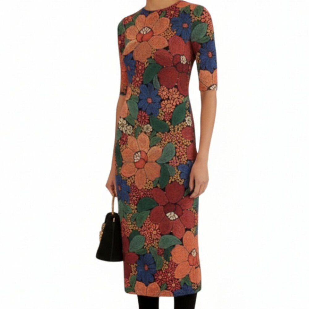 Farm Rio Black Stitched Flowers Lenzing™ Ecovero™ Viscose Midi Dress Size Small
